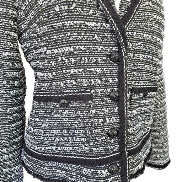 TALBOTS Black White Fringe-Trim Tweed Jacket Blazer Size 4P - Picture 6 of 12